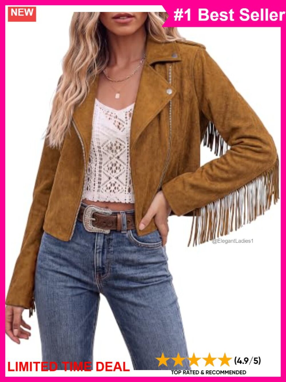 Faux Suede Cropped Fringe Jacket Zip Up Casual Western